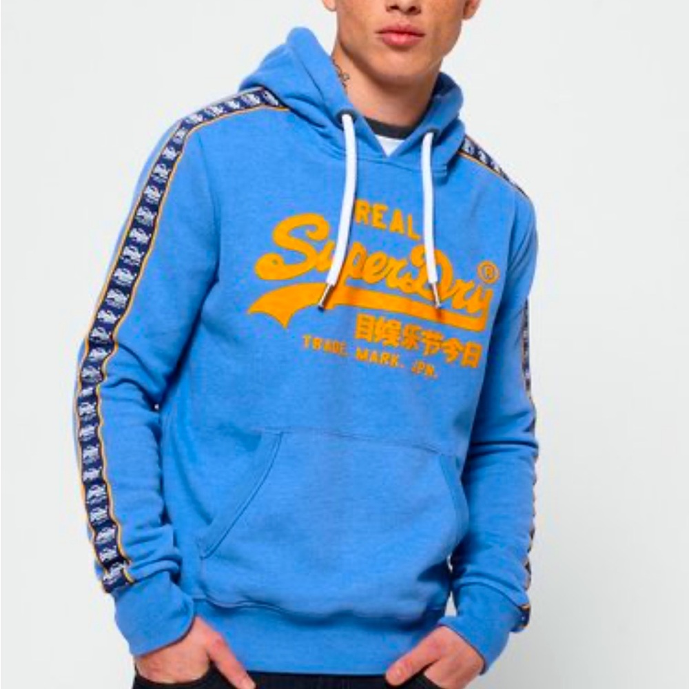 Men's Vintage Superdry  Blue Hoodie with Yellow Logo Size S